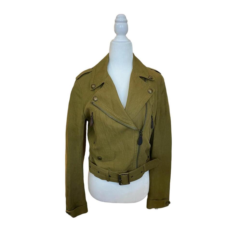 Burberry Brit Olive Green Linen Moto Biker Leather Jacket Size US6 MSRP $1250 - Picture 6 of 15